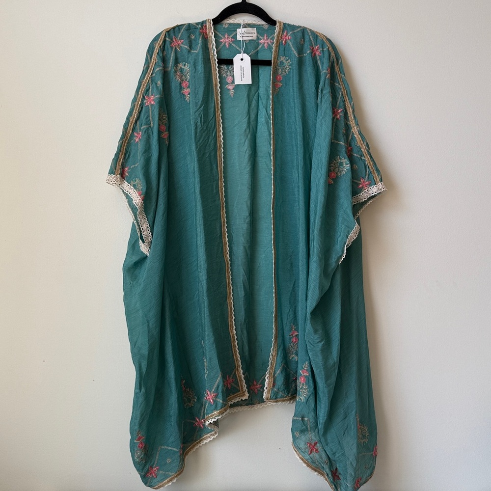 ⭐️ 1. Handmade kimono -TEAL- Embroidered Chiffon Upcycle Cover Up